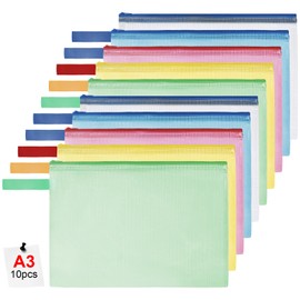 OFFCUP Document Bag A3, Pack of 10 Waterproof Zip Pockets, Mesh Plastic File Bag with Zip, Document Folder for School, Home, Office, Travel, Cosmetics, 5 Colours