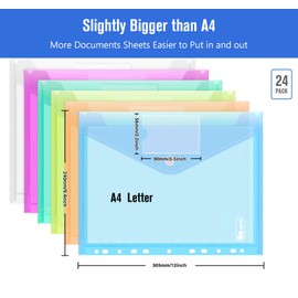 ABSOFINE 24 Pack Plastic Envelope Document Folders with Label Pocket and Snap Button for Home Work Office Organization, A4 Letter Size, Binder Pocket Folders for 11 Ring Binder, Assorted Colors