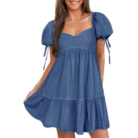 POTILI Denim Dress for Women Puff Short Sleeve Jean Dresses Sweetheart Neck Denim Mini Dress