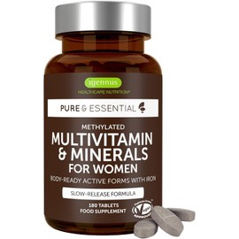 Igennus Methylated Women's Multivitamin with Gentle Iron, 21 Active Nutrients, Pure & Clean, All Day Nutrient Delivery, High Strength B-Vitamins, Easy-to-Swallow, 180 Vegan Tablets, 90 Servings