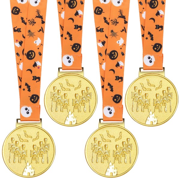 Abaokai Halloween Party Supplies - Golden Best Costume Skeleton Medals for Kids Adults Contest Awards Prizes, Skeleton Costume Contest Trophy Awards, 4 Pack