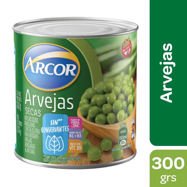 Arcor Arvejas Soaked Dry Peas Ideal for Salads  - No Preservatives Added - Gluten Free, 300 g / 10.58 oz can