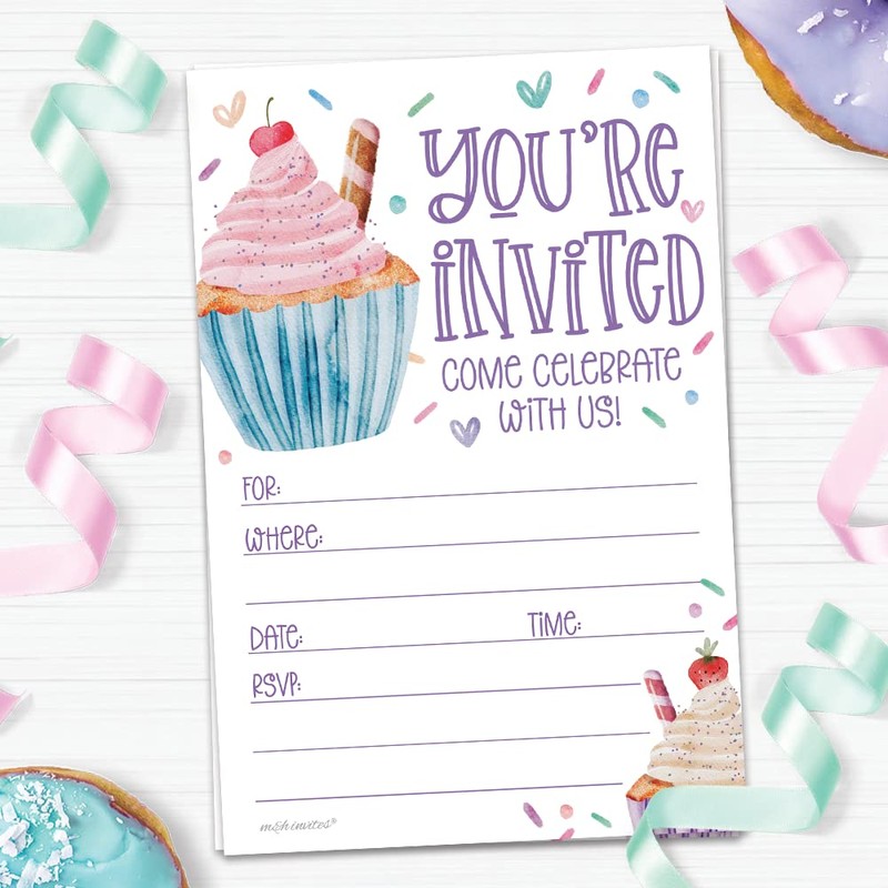 Cupcake Invitations Birthday (20 Count With Envelopes) - Watercolor Cupcakes