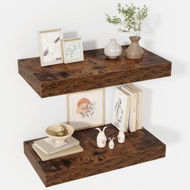 Acovy 24 Inch Floating Shelves, 12" Deep Floating Shelf Wall Mounted, 24" Wall Shelves, Rustic Deep Bookshelf, Extra Deeper & Thicker Display Shelves for Bedroom, Living Room, Brown, Set of 2