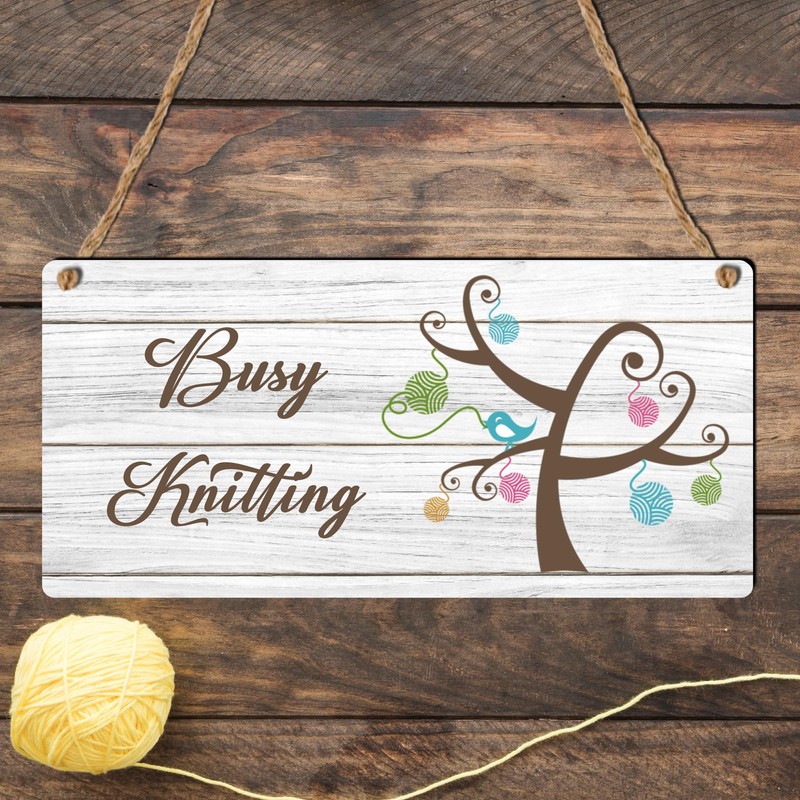 "Busy Knitting" Sign - Whimsical Craft Room Decor for Knitting