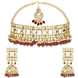 Efulgenz Bollywood Bridal Jewelry Set Indian Jewelry Sets for Women Bridal Indian Jewelry Set for Wedding White Traditional Faux Pearl Choker Necklace Earrings And Maang Tikka Bollywood Jewelry for Women