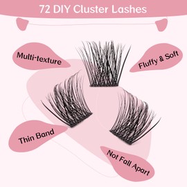 Cluster Eyelashes, Pack of 72 Eyelash Clusters for DIY Eyelash Extensions, Individual Eyelashes, D-8-16 Mix, Thin Band, Easy to Use at Home (First Glance, D-10 mm)
