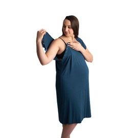 Three Little Tots Mommy Labor and Delivery Gown - Stretchy Soft Maternity and Nursing Nightgown (Navy, Medium/Large)