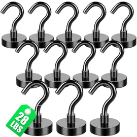 MIKEDE Black Magnetic Hooks, 28Lbs Heavy Duty Neodymium Magnets with Hooks for Refrigerator, 12 Pack Strong Cruise Hooks for Hanging, Magnetic Hanger for Grill, Toolbox, Storage