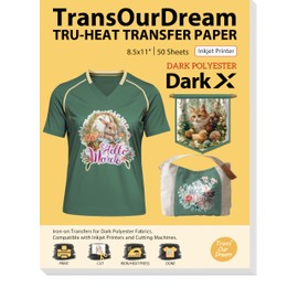 TransOurDream Tru-Heat Transfer Paper for Dark Polyester Fabrics (Dark X, 8.5"x11", 50 Sheets) Printable Iron on Heat Transfer Vinyl for Inkjet Printer