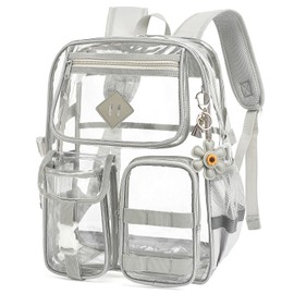 Xunteny Clear Backpack for School, Heavy Duty Transparent Bookbag for Girls Women with Sunflower Keychain (Grey)
