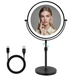 MEKOTRIN 10x Large Lighted Makeup Mirror, Rechargeable 8.7" Double-Sided Vanity Mirror with 3 Color Dimmable Lights, 1X/10X Height Adjustable Magnifying Mirror, 360° Swivel, for Women Girl(Black)