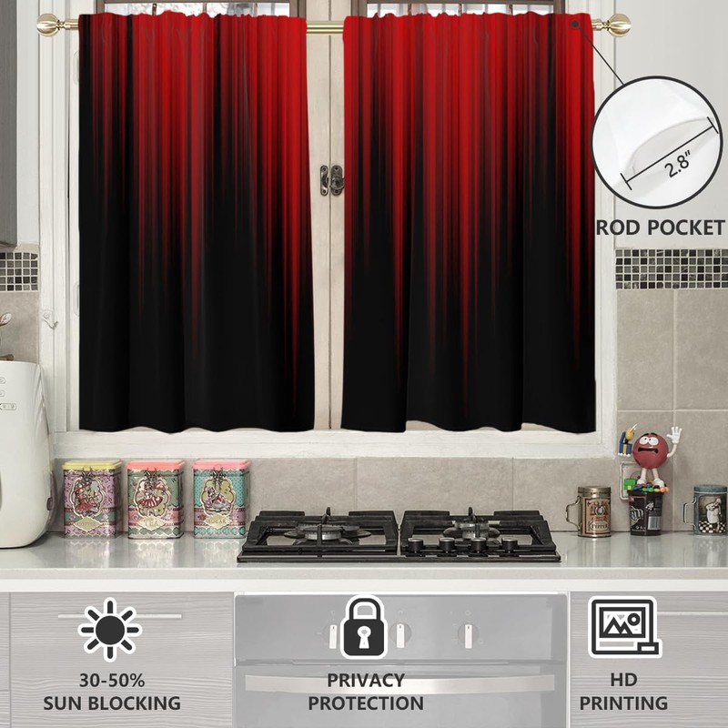 AAtter Red Window Curtain for Kitchen Black Gothic Goth Ombre