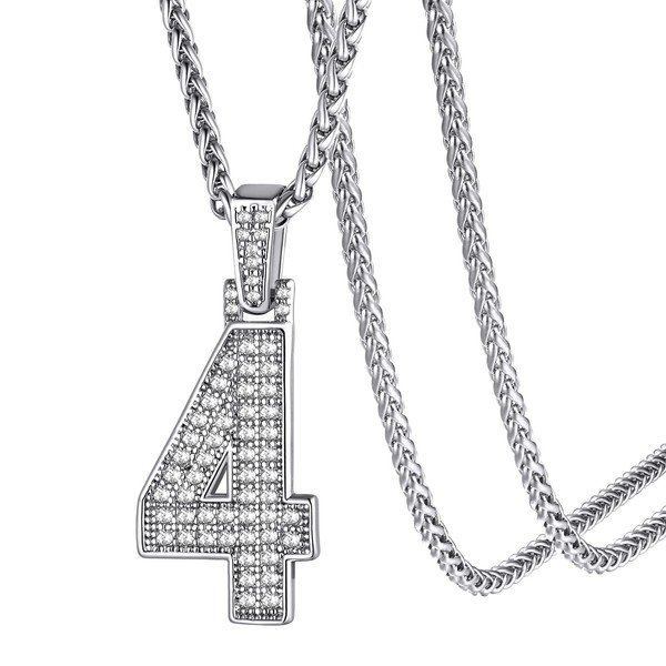 KeyStyle CZ Jersey Number 4 Necklace For Athletes, Crystal Numbers