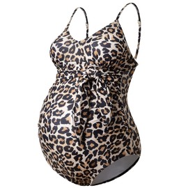 GINKANA Maternity Swimsuit One Piece V-Neck Tie Front Leopard Bathing Suit Pregnancy Swimwear,Yellow Leopard,M