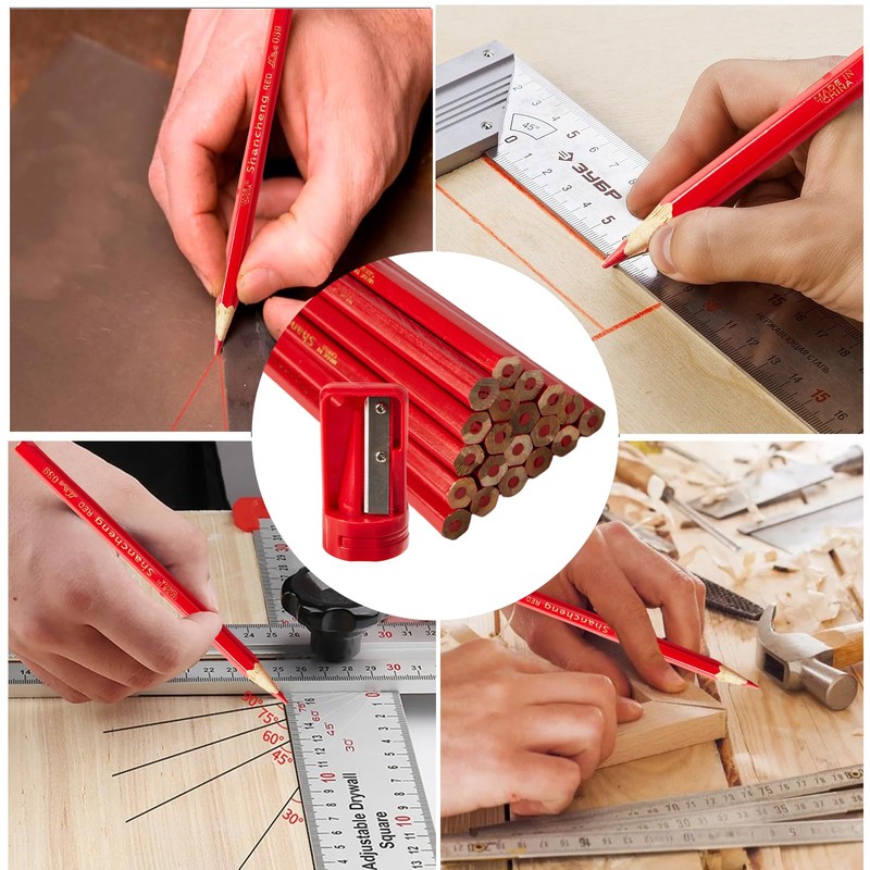 20 Carpentry Pencils, Red Flat Carpenter's Pencils, Heavy Construction Pencils,