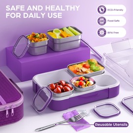 Lunch Boxes Stainless Steel Bento Box with Insulated Lunch Bag & Fork, Leakproof Metal Lunchbox Set for Adults Kids Bento-Style 5 Compartments Snack Containers, BPA-Free, Dishwasher Safe (Purple)