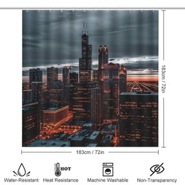 HDESDIS 4Pcs Modern Skyscraper Night Shower Curtain Sets, 4pcs Chicago Skyline View Shower Curtains for Bathroom with Rugs, Toilet Lid Cover, Bath Mat, 72" x 72"