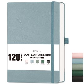 EMSHOI A5 Notebook Dotted Journal - 120gsm Thick Paper, Hardcover Leather Dot Grid Notebook for Bullet Journaling with 160 Pages, Journal Stencils, Inner Pocket, 21 x 14.5 cm, Gray Blue