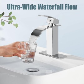 Aolemi Bathroom Faucet Single Handle 1 Hole Deck Mount Lavatory Vanity RV Sink Mixer Basin Tap with Cover Plate and Pop Up Drain Assembly, Polish Chrome, Waterfall Spout