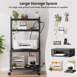 Printer Stand with Charging Station, 4-Tier Printer Stand with Storage, Large Tall Printer Table with Wheels for Home Office, Kitchen, Living Room, Printer Cart Beside Desk for Printer, Scanner Black