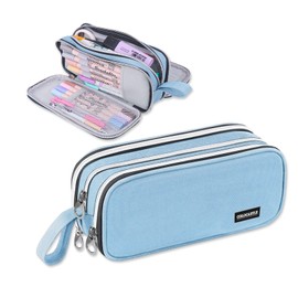 COLOCASTLE Pencil Case Large with 3 Compartments Pencil Case Girls Boys Teenager Pencil Case for School Office, light blue, School supply case