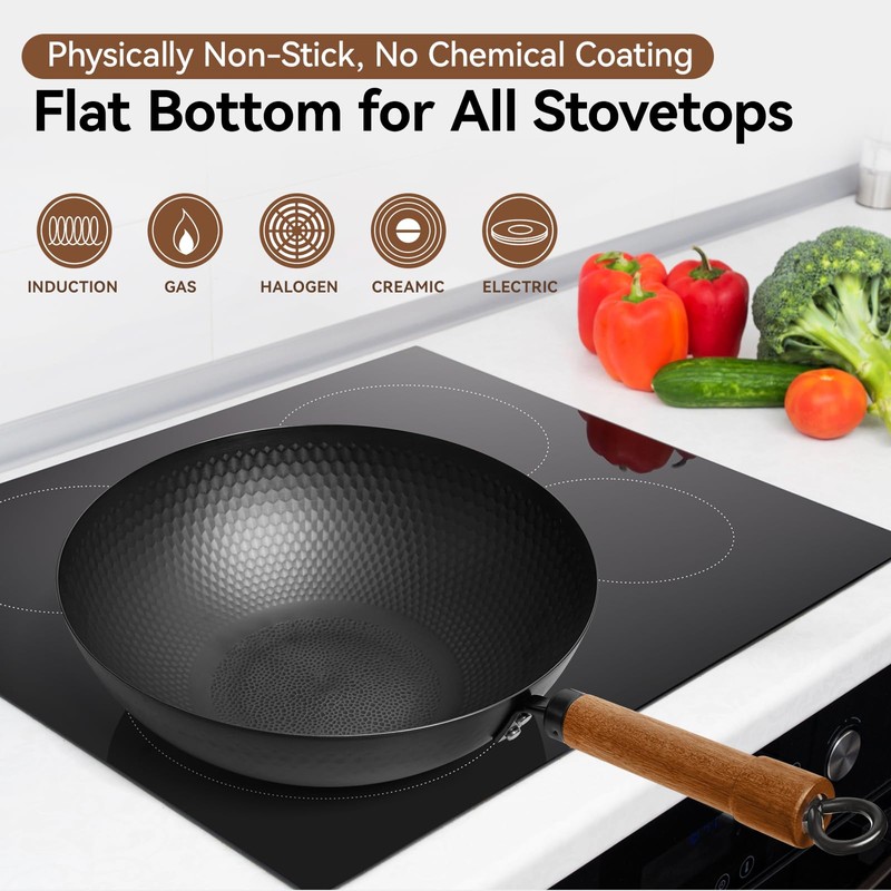 WANGYUANJI 12.6" Iron Wok with Lid, Flat Bottom Nonstick Wok