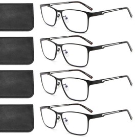 Babrvma 4 Pack Blue Light Reading Glasses Men Metal Frame Computer Readers Rectangle Spring Hinges Eyeglasses with Pouchs Anti Glare/Uv/Eyestrain(+1.50)