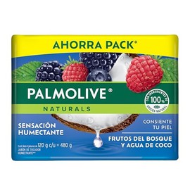 Palmolive Naturals Jabón de Baño Frutos del Bosque y Agua de Coco en Barra 4 x 120 g. Fórmula Infusionada con Ingredientes 100% de Origen Natural que Dejan una Sensación Humectante