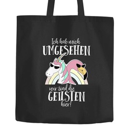 Moonworks® Jute Bag with German Text "Ich hab mich umgesehen wir sind die geilsten hier Flamingo Unicorn" Cotton Bag with 2 Long Handles Black