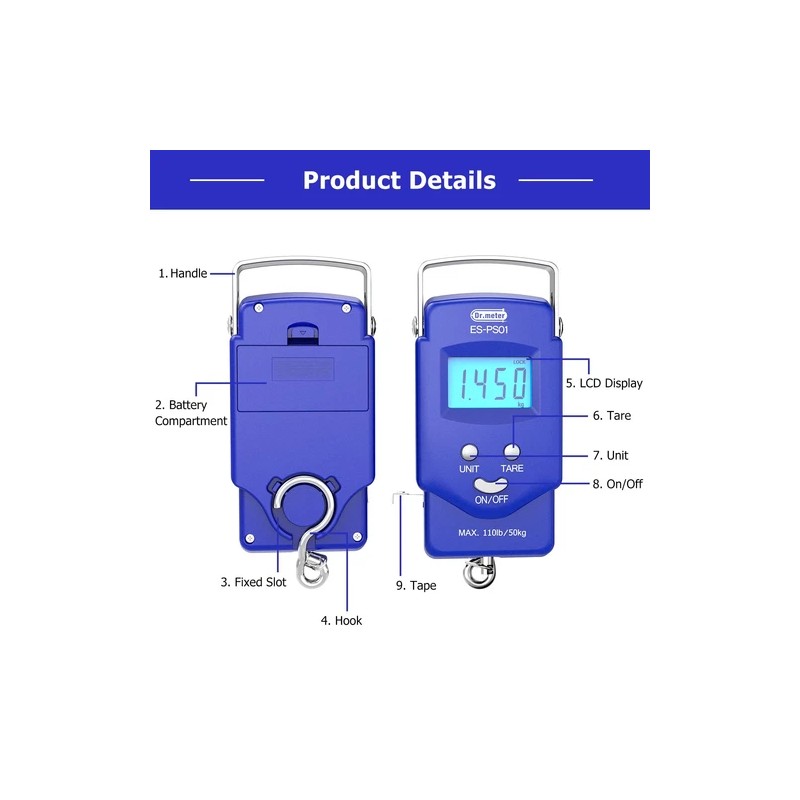 Dr.meter Fish scale, Backlit LCD Display 110lb/50kg PS01 Fishing Scale