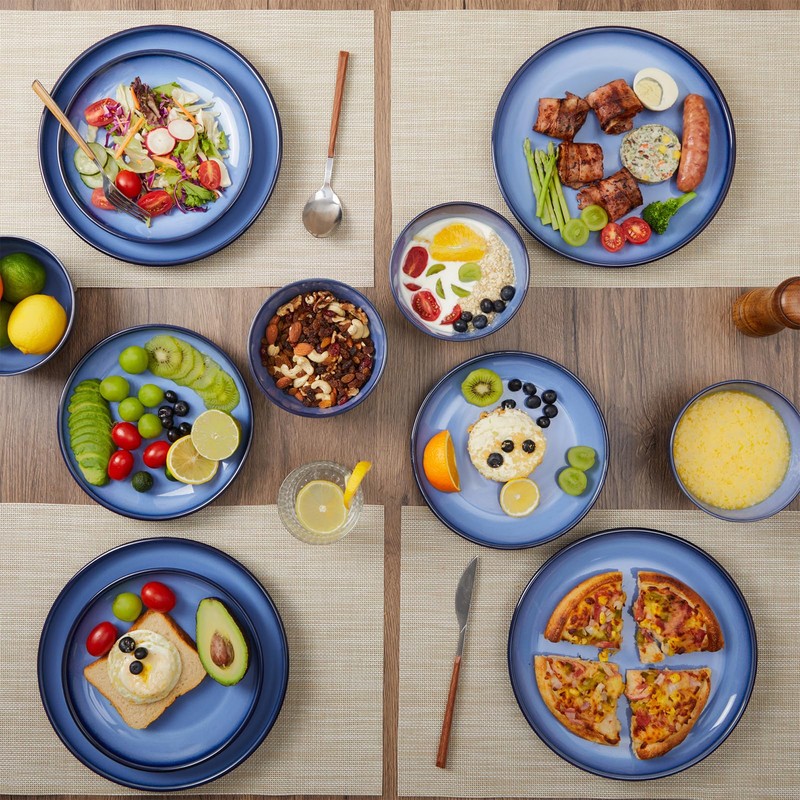 Pokini Blue Stoneware Dinnerware Set, 12 pcs Reactive Glaze Plates