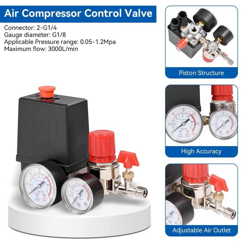 Air Compressor Pressure Valve Switch, 2-G1/4 Connector 0.05-1.2Mpa Air Compressor