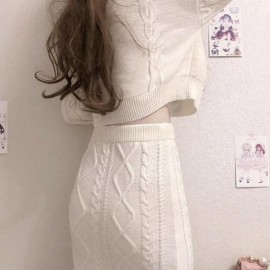 None Bunny Heart Sweater Knit Crop Top Skirt Set | Women Kawaii Lolita Knit Dress