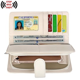 UTO Women's PU Leather Wallet Large Capacity 15 Card Slots Smartphone Holder with Snap Closure, Cream, coin bag