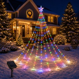 Solar Christmas Tree Waterfall Lights for Outdoor Decor – 9-Strand Star Topper with 8 Lighting Modes for Yard & Parties