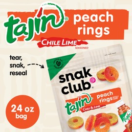 Snak Club Tajin Peach Rings Gummy Candy, Fruit Candy Gummies with Chili and Lime Seasoning, Mild, Gluten-Free and Vegan Snacks, 24 oz Resealable Bag
