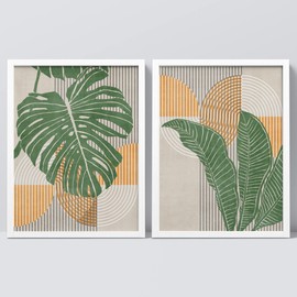 SIGNWIN Framed Mid-Century Tropical Monstera Palm Leaf Wall Art, Set of 2 Landscape Abstract Geometric Wall Décor Prints, Nature Wilderness Wall Décor for Living Room, Bedroom - 12"x16" White