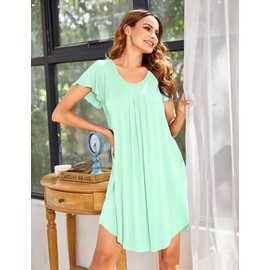 Ekouaer Womens Nightdress Plus Size Nightshirt Short Sleeve Night Shirts Pleated Loungewear Nightgown Nighties Loose Silky, Green, XL