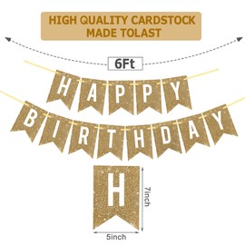 Pre-Strung Gold Happy Birthday Banner Decorations,12 ft No DIY Gold Glitter Birthday Party Banner Sign Decor for Women Men Girl Boy Party Supplies