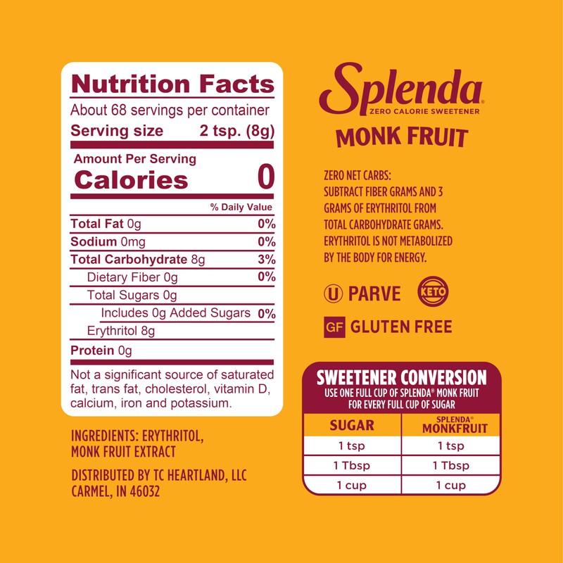 SPLENDA Monk Fruit Zero Calorie Plant Based Granulated Sweetener Jar,
