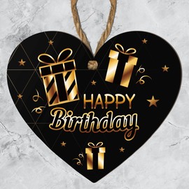 "Happy Birthday" Elegant Wooden Plaque - Luxurious Black and Gold Theme, Perfect for Home or Office Decoration, Ideal Keepsake Gift - Size 10cm x 9cm