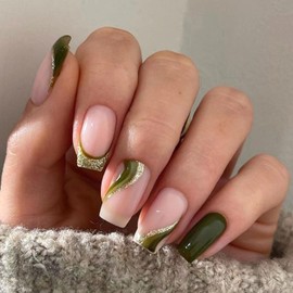 Green Acrylic Press on Nails Medium Fake Nails French Tip Glue on Nails Swirls Nails Press ons Light Pink Full Cover Artificial Nails Gold Glitter False Nails for Women 24 Pcs