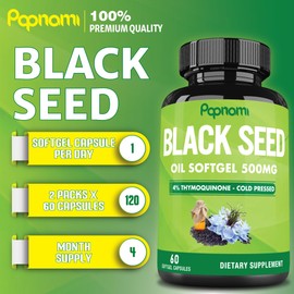 Premium Black Seed Oil Softgel Capsules - 2 Packs 60 Counts 500mg - 4 Month Supply for Immunity, Circulation, Digestive, Skin, Hair & Body Management