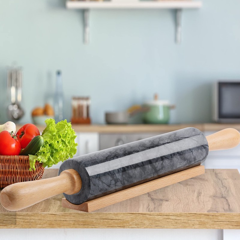 SIPARUI Marble Rolling Pin with Wooden Cradle Thick Handle Set