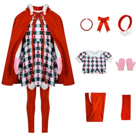 Axvinel Cindy Lou Who Costume Women Girls 7 PCS Christmas Plaid Dress with Red Velvet Cape Santa Dress up XL
