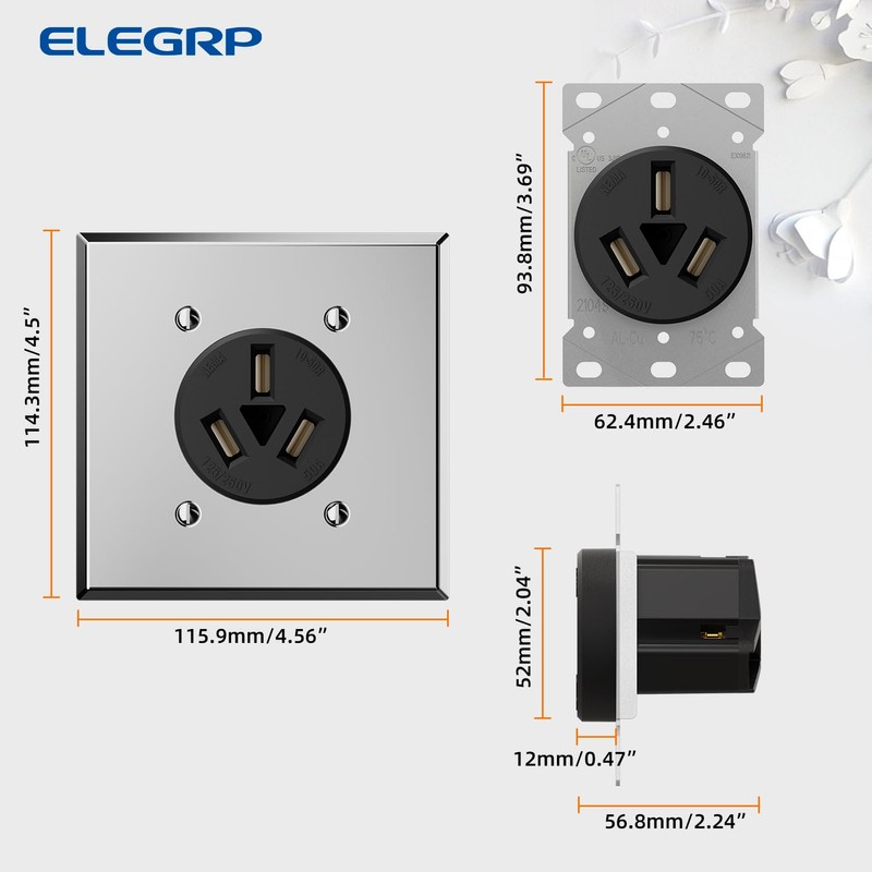 ELEGRP 50 Amps Range Power Receptacle,125/250V Flush Mounting Power Outlet