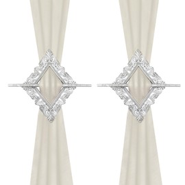 Mewutal 2 Pack Silver Curtain Tiebacks Square Curtain Holdbacks Plastic Curtain Clips Buckle Drapery Holdbacks Crystal Drapery Tiebacks for Home Window Decoration, with Fixing Rod (Silver Rhombus)