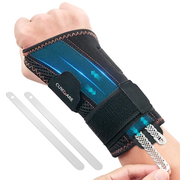 CURECARE 2 in 1 Carpal Tunnel Wrist Brace Night Support, 3 Adjustable Stability Wrist Brace Right Hand for Tendonitis, Arthritis (Right - Black, S/M)