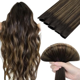 DOORES Genius Weft Hair Extensions Real Human Hair, 24 Inch Balayage Dark Brown to Chestnut Brown 60g, Human Hair Extensions Weft